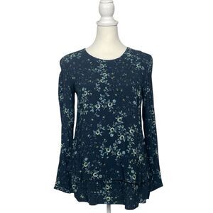 J. Jill Floral Blouse Blue Green Rayon Boho Flowy Top Keyhole Back Long Sleeve